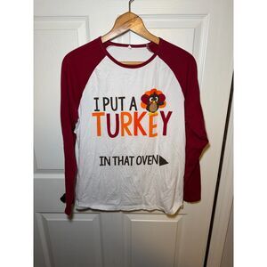 Funny Thanksgiving Turkey Graphic Raglan Shirt Men's Medium Long Sleeve